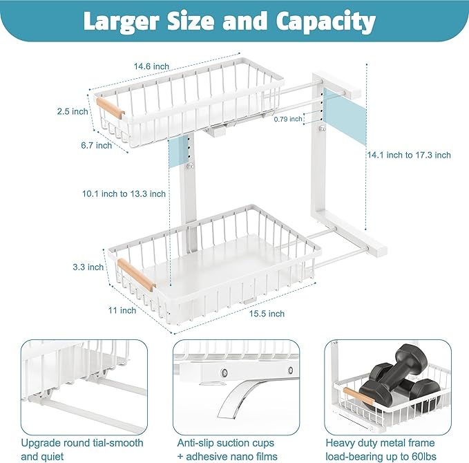 Under Sink Organizer Storage 1 pack, 2 Tier Slide Out Height Adjustable Pull Out Cabinet Organizer Drawers, Kitchen Bathroom Large Capacity Metal Under Sink Rack Caddy Basket Shelves, White-NeatNest