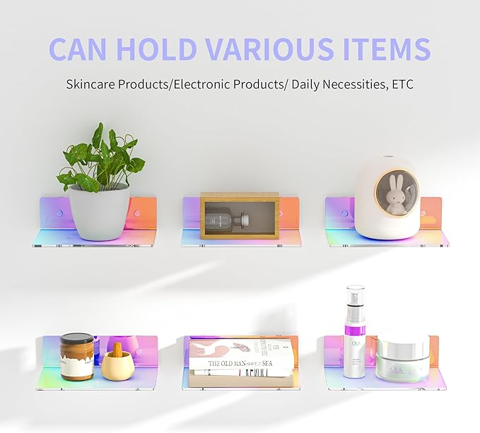 9 Inches Iridescent Floating Shelves Acrylic, White Wall Shelves for Living Room Décor, Bedroom, Bathroom, Kitchen, Dining Room, Brand Store, Retails, Gaming Room, 2 Pack-NeatNest