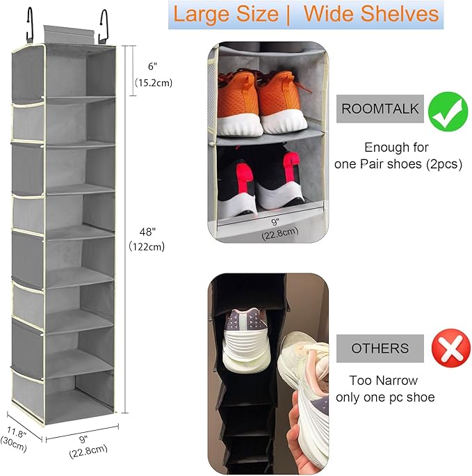 2 Pack Large-Sized Hanging Shoe Organizer 8-Shelf, Hanging Closet Organizer with 8 Side Pockets, Wider Hanging Shelves for Storage Shoes Clothes 9" W × 11.8" D× 48" H, Grey.-NeatNest