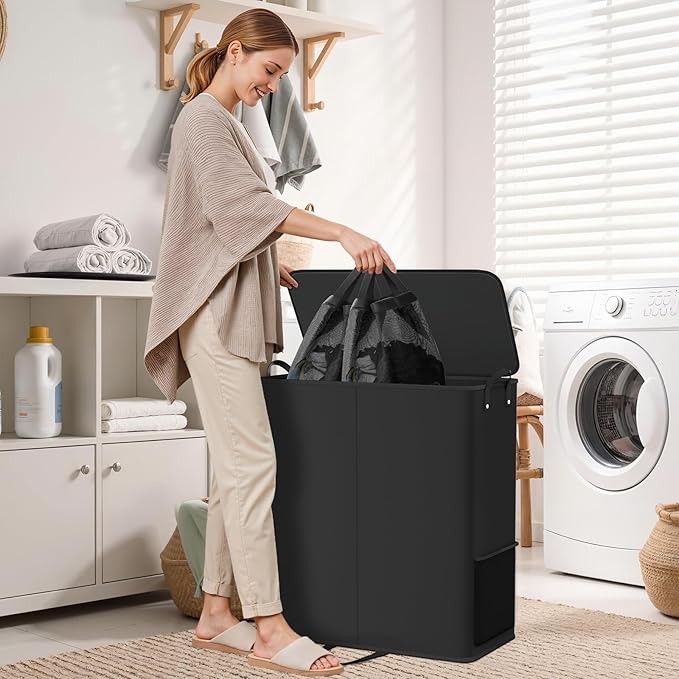 Large Double Laundry Hamper with Lid, Removable Bags & Reinforced Handles, 2 Section Tall Laundry Basket, Dirty Clothes Hampers for Laundry Room, Bedroom, Bathroom, Dorm, 155L, Black-NeatNest