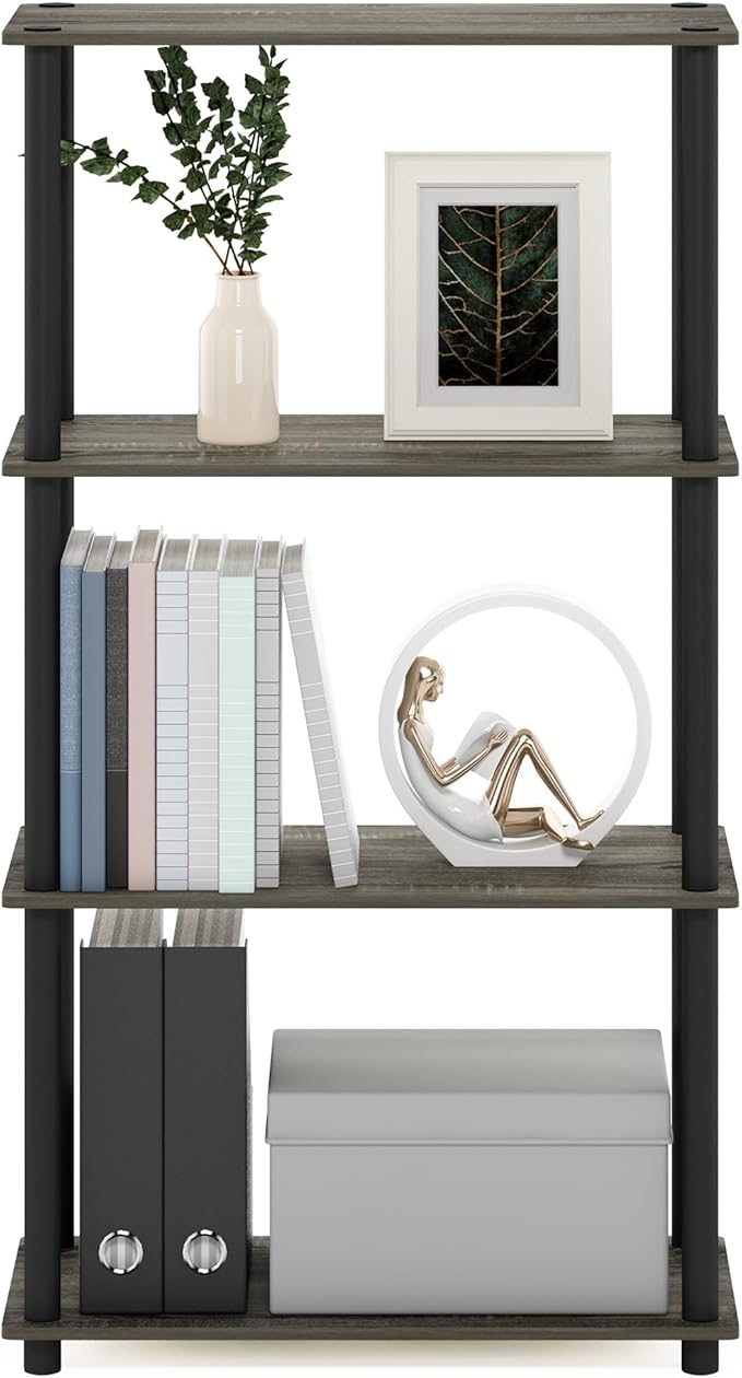 Furinno (99557GYW/BK) Turn-N-Tube 4-Tier Multipurpose Shelf Display Rack - French Oak Grey/Black-NeatNest