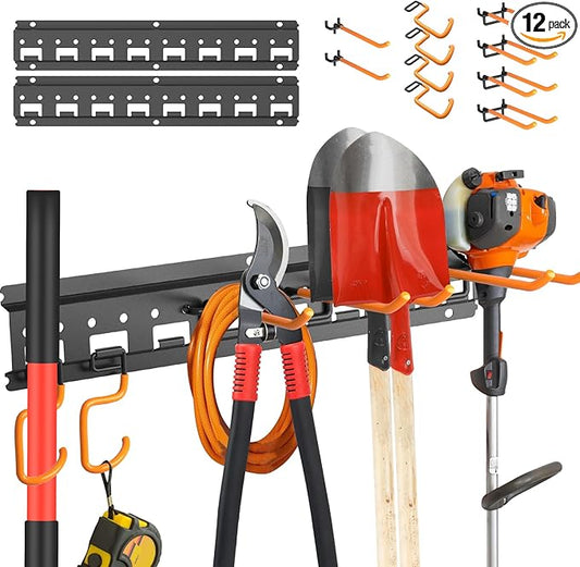 Garden Tool Organizer Wall Mount - Garage Storage and Organization Yard Tool Hanger with Adjustable Pegboard Hooks Shed Rack for Broom Mop Shovel Rake Trimmers, 32 inch Max 350lbs, Black