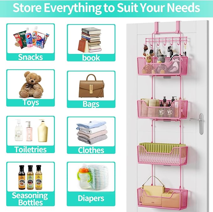HapiRm Over Door Organizer Storage - Hanging Door Organizer with 4 Metal Large Capacity Baskets and Adjustable Coat Hook for Bathroom Bedroom Kitchen Pantry Closet Cabinet-NeatNest
