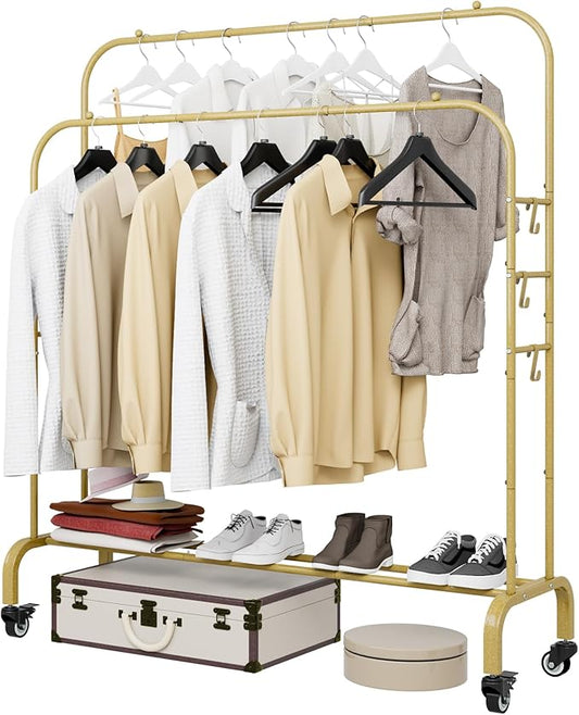 Garment Rack with Wheels Clothing Rack for Hanging Clothes Multi-functional Bedroom Clothes Rack，Gold+Double Rods-NeatNest