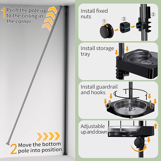 360° Rotating Corner Shower Caddy Tension Pole Organizer - 4-Tier Adjustable Rustproof Metal Pole, Plastic Shelves with Safety Guardrail, Bathroom Storage for Shower & Bathtub(Black)