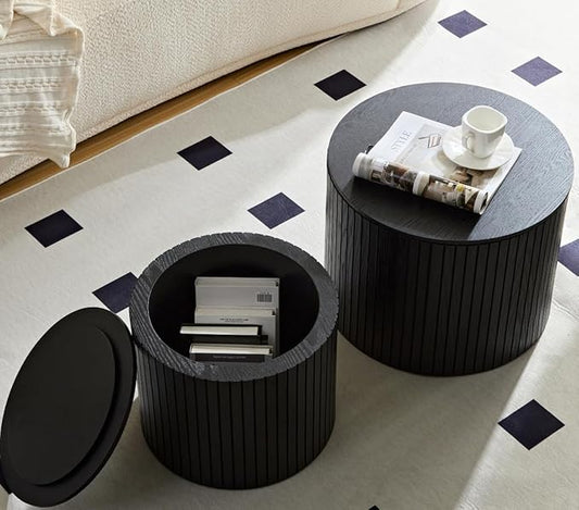 kevinplus Black Coffee Table Nesting Tables Set of 2 for Living Room, Modern Circle Drum Small Coffee Table with Storage Contemporary Side Table End Table with Moveable Lid, Black