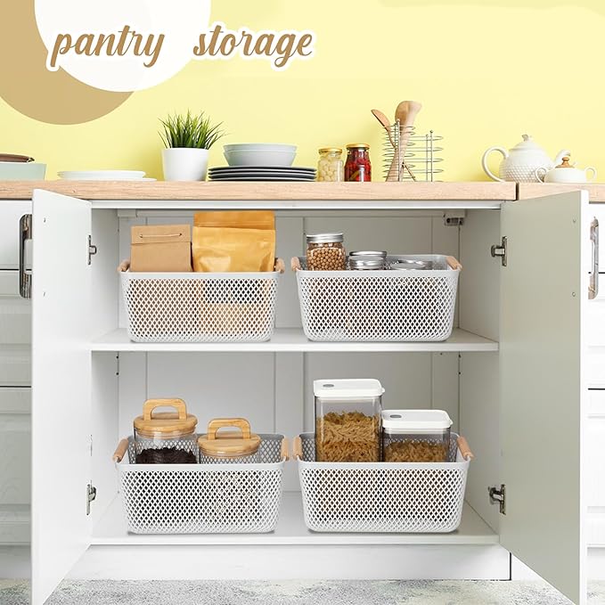 4 Pcs Plastic Mesh Baskets with Handles - Mesh Storage Organizer Bin Container Baskets for Home Organizing Pantry Closet Cabinet Kitchen Fridge Fruit Snacks Gifts, Grey(Medium)