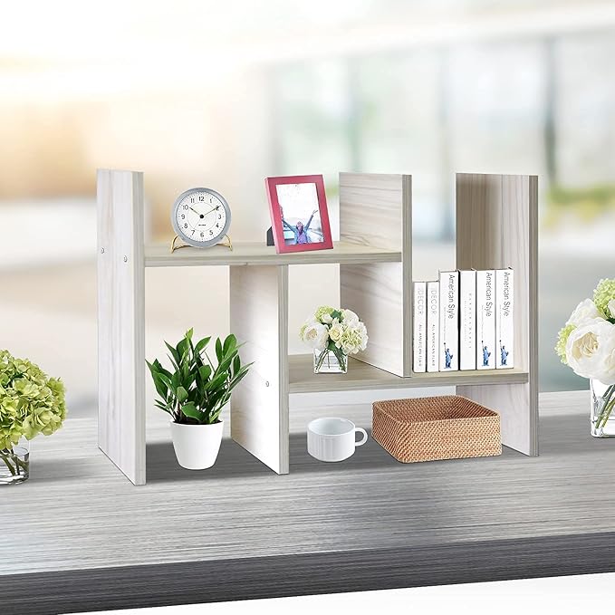 J.M.Deco Desktop Organizers and Storage for Office, Adjustable Desk Organizer Shelf Double H Display, True Natural Stand Shelf, Desktop Organizer White Wood Tone-NeatNest