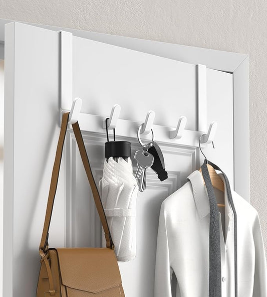 Over The Door Hooks Hanger with Extended Arms,L7U,Fits 1 3/8" Doors, Bathroom Accessories and Towel Rack Organizer Holder for Coat Robe Hat,White