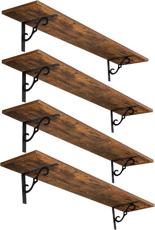 DINZI LVJ Long Wall Shelves, 39.4 Inch Large Floating Shelves Set of 4, Wide Display Shelf Wall Mounted with Brackets, Easy Hanging for Living Room, Toilet, Office, Bedroom, Rustic Brown-NeatNest