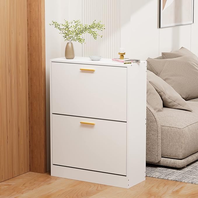 JOZZBY Shoe Cabinet for Entryway, Narrow White Shoe Storage Cabinet with 2 Flip Drawers, Wooden Hidden Shoe Rack Organizer with 2 Tier Freestanding for Hallway, Living Room, Set of 2-NeatNest