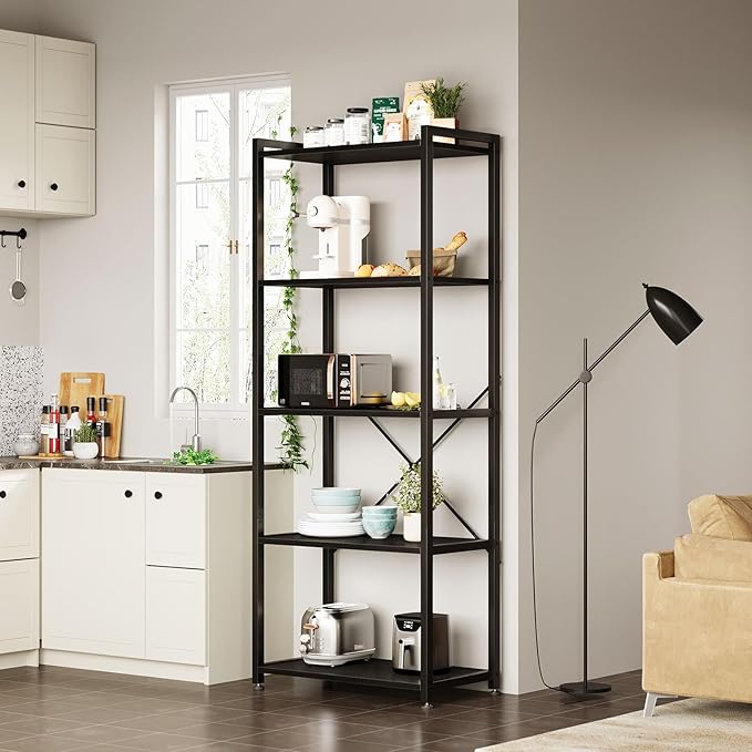 Casaottima Book Shelf, 5 Tier Bookshelf, Modern Wood Bookcase Shelves for Bedroom, Industrial Display Shelf for Living Room Home Office Kitchen, Standing Shelving Unit Storage Organizer, Black-NeatNest