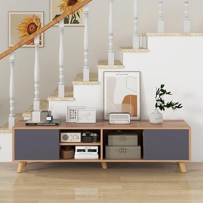 Tangkula TV Stand for TVs up to 65 Inch, Media Entertainment Center with 2 Doors, Open Shelves, TV Console Table with 3 Cable Management Holes, TV Cabinet for Living Room (Natural + Gray, for 65" TV)-NeatNest