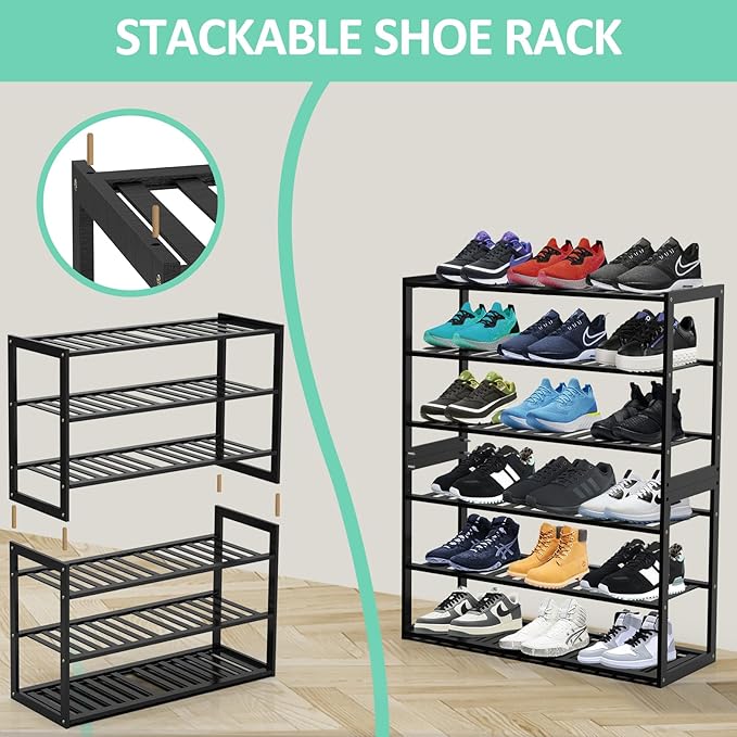 Bamboo Shoe Rack for Entryway, Stackable 3 Tier Shoe Organizer Shelf Storage 9-12 Pairs Shoes Stand Cubby for Closet Door Hallway Bedroom Garage Black, Thanksgiving-NeatNest