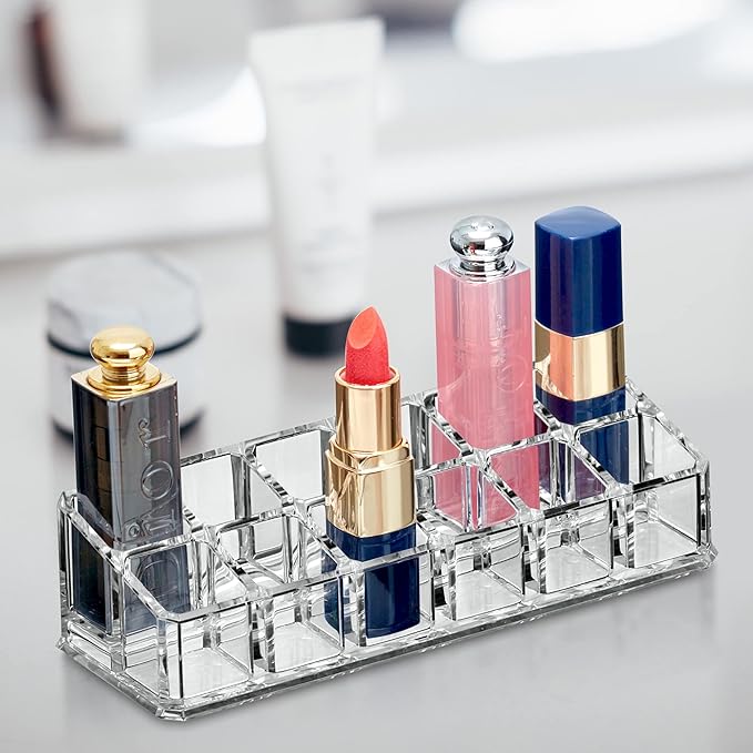 Amazing Abby - Glamour - 12-Slot Acrylic Lipstick Organizer, Lipstick Holder, Lip Gloss Holder, Cosmetic Storage Display, Perfect Storage Solution for Drawer and Vanity (Slot Size: 0.9" x 0.9")-NeatNest