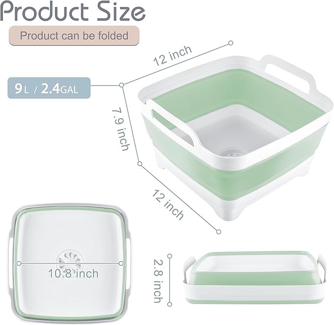 2.4 Gal(9L) Collapsible Dish Basin with Drain Plug, Space Saving Outdoor Multiuse Foldable Sink Tub, Dishpan, Kitchen Storage Tray for Camping, Vegetable Washing, RV (Green)-NeatNest