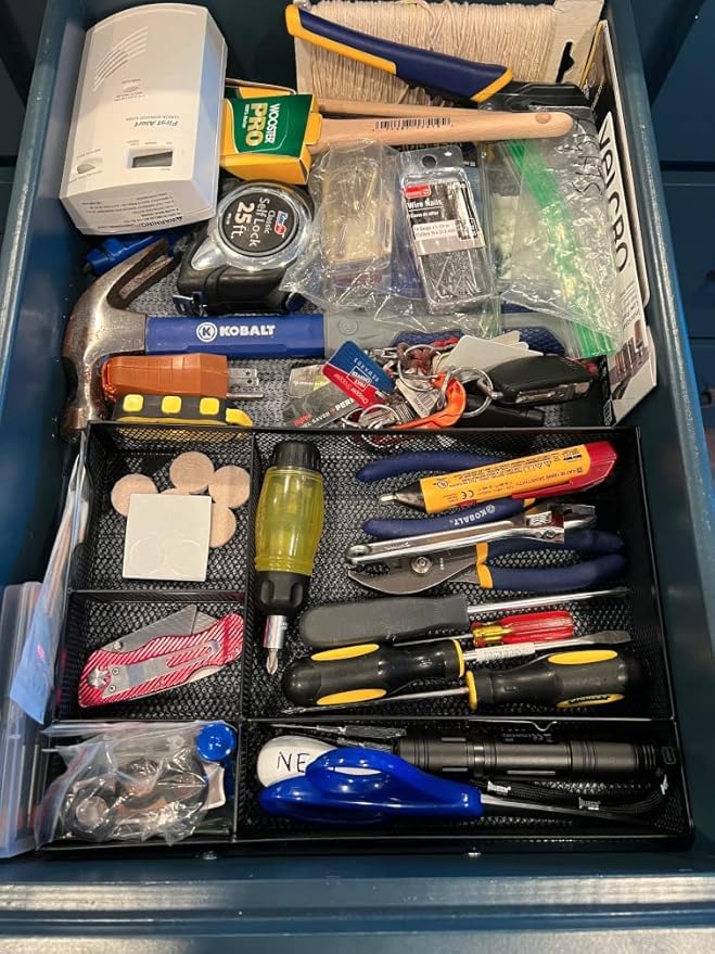 Desk Drawer Organizer Tray, 5 Compartments Metal Mesh Drawer Organizer Tray, Pen Pencil Desk Organizers and Accessories for Office Supplies, School & Makeup, 12.3 x 8.4 x1.7inch, Black-NeatNest