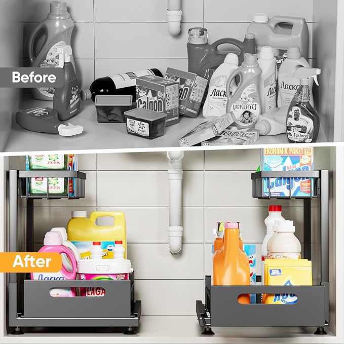2 Pack Under Sink Organizer Storage 2-Tier Premium Metal Pull-Out Racks, Height Adjustable, Easy Installation | Kitchen & Bathroom Organizers-NeatNest