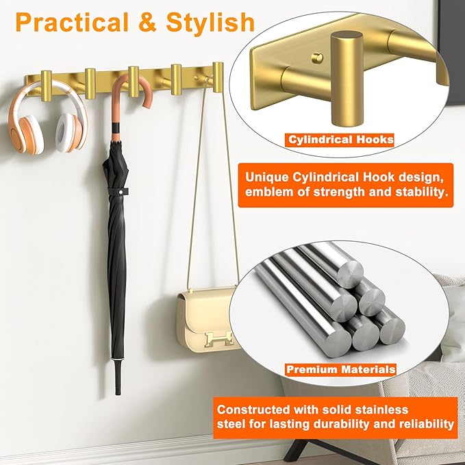Wall Mounted Coat Rack-5 Hooks, Heavy Duty Stainless Steel Hook Rail for Towel Coat Hat Purse Bag Jacket, Towel Hooks for Entryway Bathroom Kitchen (Gold 5 Hooks - 1 Pack)-NeatNest