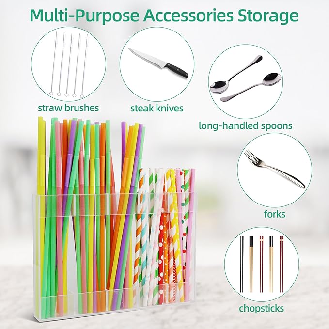 10" Straw Organizer for Cabinet - Reusable With Ultra Sticky Mount, Transparent Straw Storage Organizer for Cupboard Door, Small Kitchen Accessories Container