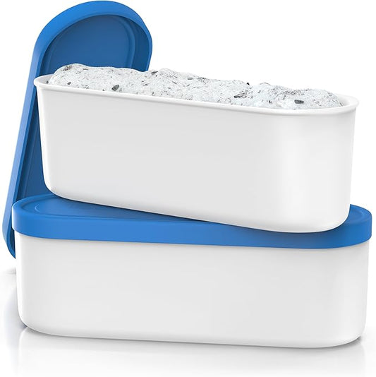 Ice Cream Containers - 2 Quart Ea. (Set of 2) - Premium Reusable Freezer Storage for Homemade Ice Cream Tub for Sorbet, Frozen Yogurt - Flexible Silicone Lids, Long Scoop, Stackable - Blue