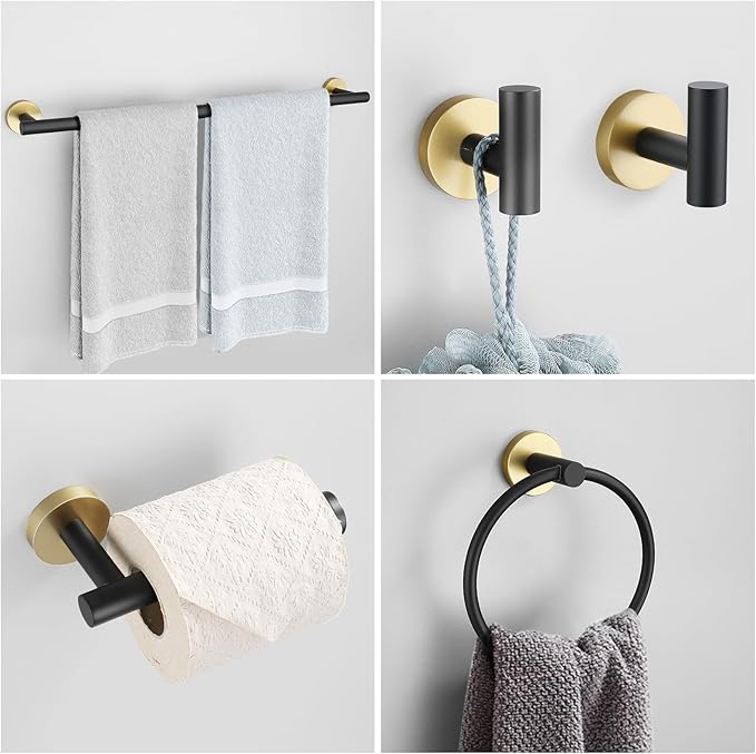 Black and Gold Towel Bar Set 10 Pieces Bathroom Hardware Accessories Set Include 23.6 in Towel Bar Towel Ring Towel Hook and Toilet Paper Holder Stainless Steel Wall Mounted-NeatNest