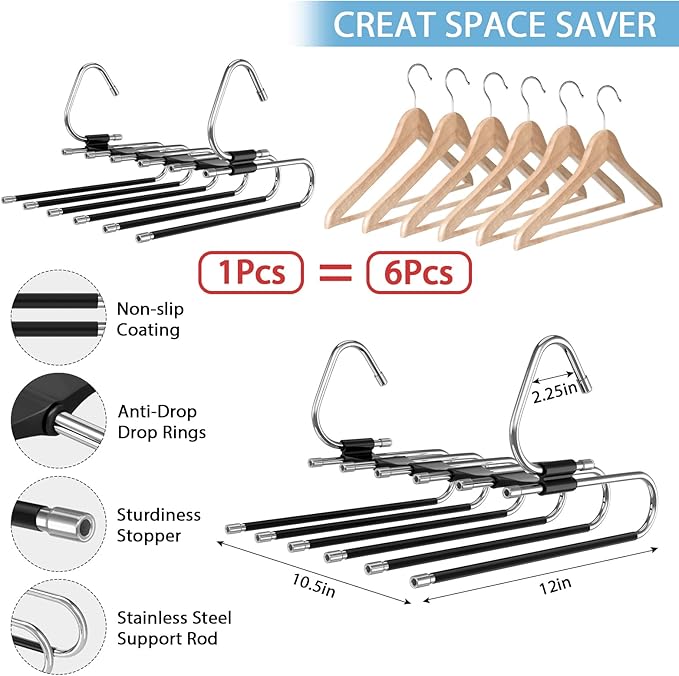 Upgrade 6 Layers Pants Hangers Space Saving, 2 Pack Stainless Steel Multifunctional Rack Non Slip S-Type Pant Closet Organizer Saver for Leggings Jeans Trousers Scarf, Black-NeatNest