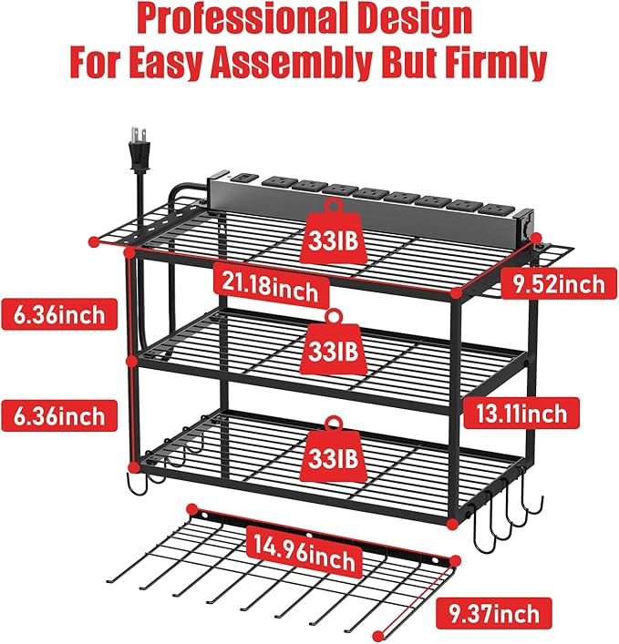 JUNNUJ Tool Organizer with Charging Station, 4 Layers Wall Mount Garage Tools Storage with 8 Outlets Power Strip, 4 Drills Holder Battery Heavy Duty Metal Shelf, Utility Rack with Hooks, Black