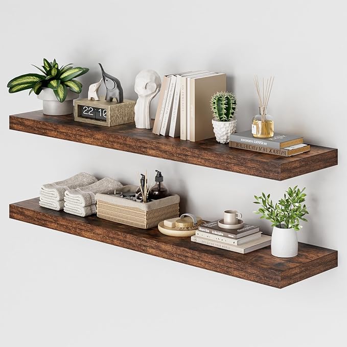 Heimlove 48W x 12D Long Floating Shelf, 12 Inch Deep Floating Shelves for Wall Set of 2, Wood Shelves for Bedroom Living Room Bathroom Kitchen Home Office, Rustic Brown-NeatNest