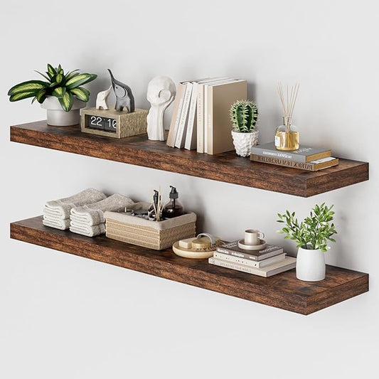 Heimlove 48W x 12D Long Floating Shelf, 12 Inch Deep Floating Shelves for Wall Set of 2, Wood Shelves for Bedroom Living Room Bathroom Kitchen Home Office, Rustic Brown-NeatNest