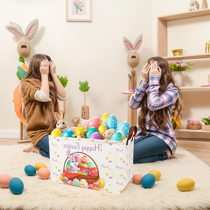 Easter Basket for Kid Large Empty Baby Rectangular Cute Easter Gift Storage Basket Bunny Eggs Décor (Rabbit Purple Bow Tie)-NeatNest