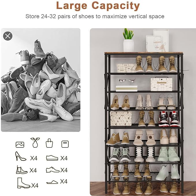 8-Tier Metal Shoe Rack for 32 Pairs, Heavy-Duty Shoe Organizer with Rustic Wooden Top, Space-Saving Entryway Shoe Storage for Closet, Garage, Hallway, Bedroom, Black & Rustic Brown-NeatNest