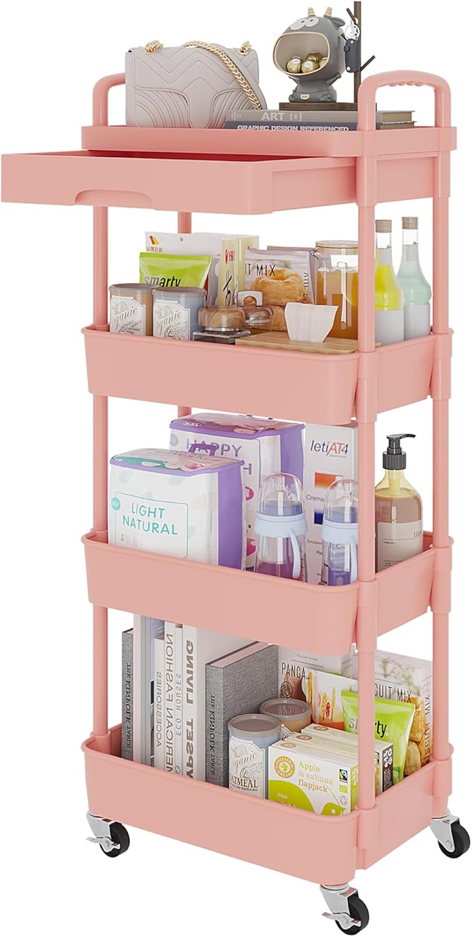 Calmootey 4-Tier Rolling Utility Cart with Drawer,Multifunctional Storage Organizer with Plastic Shelf & Metal Wheel,Storage Cart for Kitchen,Bathroom,Living Room,Office,Pink-NeatNest