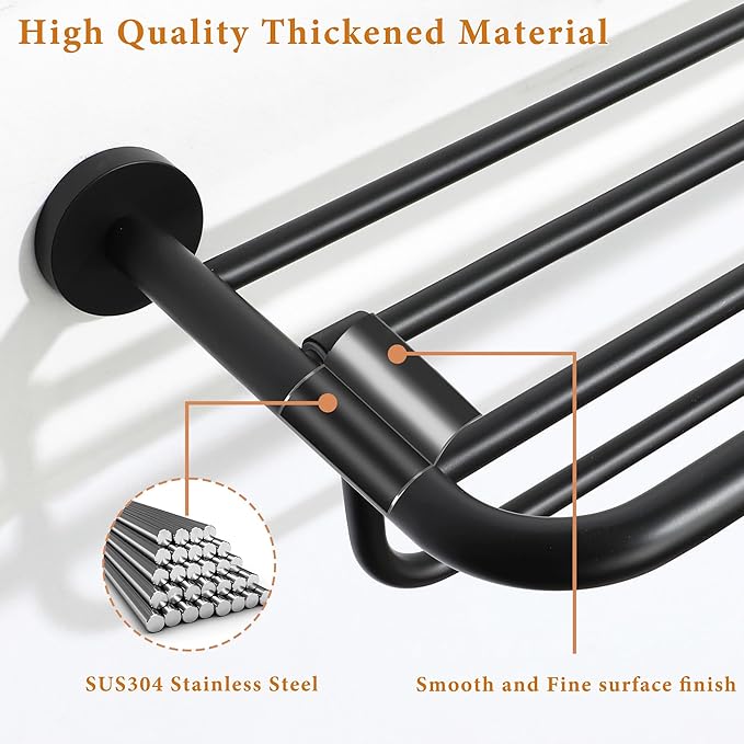 Alise 24 Inch Towel Racks for Bathroom, Foldable Towel Hanger Towel Shelf with Tower Bar, Heavy Duty Towel Holder, SUS 304 Stainless Steel Wall Mount Towel Rail, Matte Black