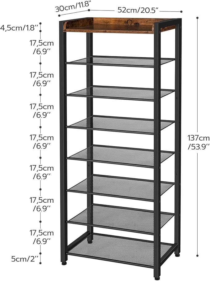 HOOBRO 8-Tier Shoe Rack, 20.5" L Shoe Storage Organizer, Narrow Shoe Shelf, Saving Space, Stable and Sturdy, Hold 14-16 Pairs of Shoes, for Entryway, Hallway, Living Room, Rustic Brown BF48XJ01-NeatNest