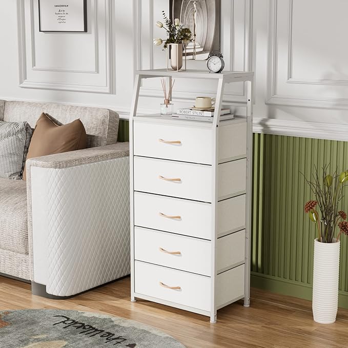 Furnulem White Dresser with 5 Drawers, Vertical Storage Tower Fabric Dresser for Bedroom, Hallway, Entryway, Nursery, Closet Organizer, Nightstand Bedside Table Furniture, Sturdy Steel Frame, Wood Top-NeatNest