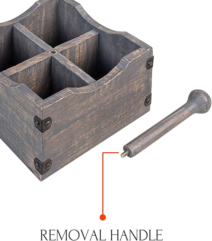 GoCraft Square Wooden Flatware & Silverware Caddy - 4 Divided Compartments, Grey Washed Mango Wood Utensil Holder with Detachable Handle Rod, Stylish Kitchen Storage Organizer for Home & Dining