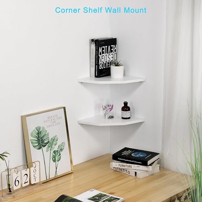 Joiishom Wood Corner Wall Shelves Set of 2, Solid Wood Corner Floating Shelves, Round End Wall Mounted Floating Corner Shelf for Bedroom, Living Room and Kitchen. (White-12 inch)-NeatNest