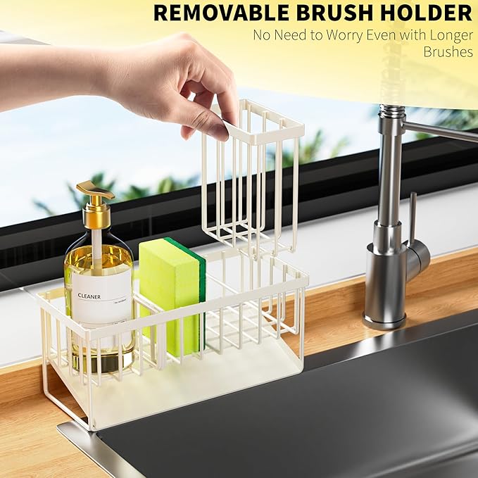 Cisily Off White Sponge Holder for Kitchen Sink, Sink Caddy Organizer with High Brush Holder, Kitchen Countertop Rustproof 304 Stainless Steel, Soap Dispenser Kitchen Organizers and Storage Essentials-NeatNest