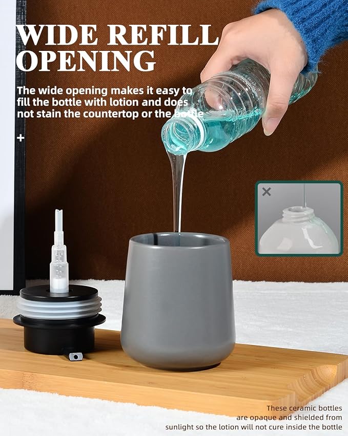 BosilunLife Grey Lotion Dispenser - Modern Ceramic Soap Dispenser Bathroom 12 oz Bottles Lotion Hand Pump Dispenser Black Pump Dish Liquid Dispenser for Kitchen Hand Wash Dispenser-NeatNest