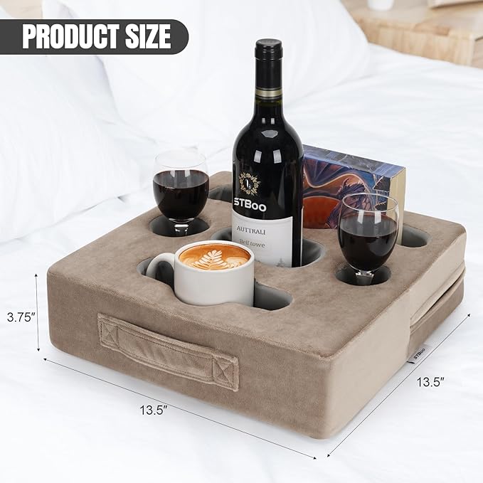 STBoo Couch Cup Holder Pillow Tray - Sofa Drink Cup Holder Cozy Buddy | Bed Caddy Organizer for Remote, Snacks Beverage, Phones, Tablet | Use it on Car, Pack, Beach, RV, Boat, Bedroom (Light Brown)-NeatNest