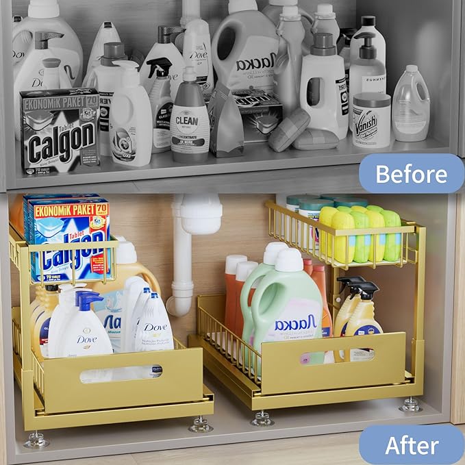 2 Pack Under Sink Organizer Storage 2-Tier Premium Metal Pull-Out Racks, Height Adjustable, Easy Installation | Kitchen & Bathroom Organizers-NeatNest