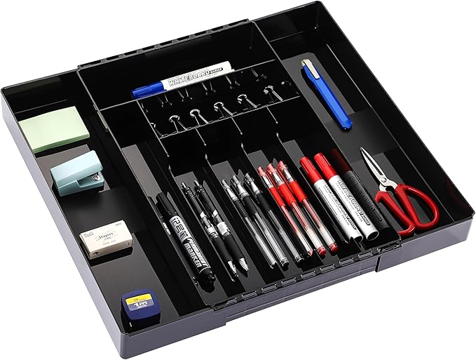 IEEK Kitchen Drawer Organizer for Cutlery and Utensils,Adjustable Silverware Drawer Organizer Tray,Kitchen Storage Divider for Spatula Tools,Gadgets,Forks,Knives,Spoons and Chopsticks,Black-L-NeatNest