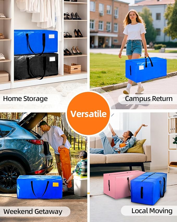 12 Pack Extra Large Moving Bags, Heavy Duty Packing Bags with Zippers and Handles for Space Saving, Clothes Storage, College Essentials, Travel, Blue