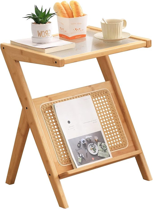 Tiita Rattan Side Table, Mid Century Nightstand, Bamboo Accent Bedside Tables, Glass Coffee Tables, Boho Wooden End Table with Storage for Small Space, Living Room and Bedroom