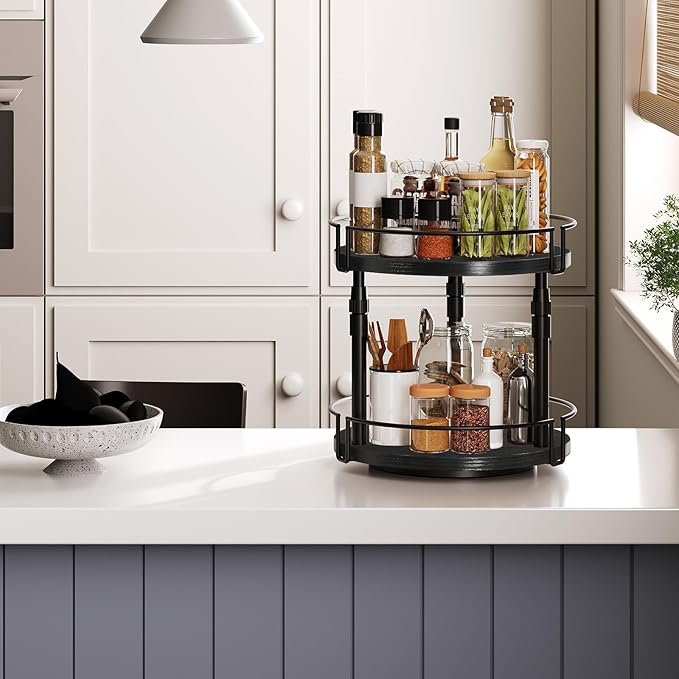 HOOBRO Lazy Susan Organizer Spice Rack, 2-Tier Height Adjustable Rotating Lazy Turntable Spice Organizer, for Kitchen Countertop and Cabinet, Black BB05TL01-NeatNest