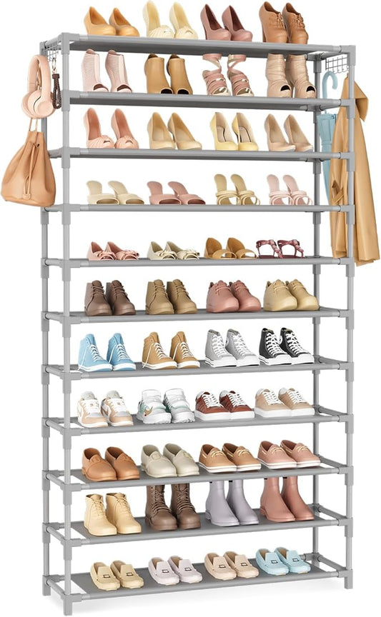 11 Tiers Tall Wide Shoe Rack 55 Pairs Large Capacity Sturdy Durable Shoe Rack for Closet Metal Shoe Organizer Shelf with Two Hooks Space Saving for Entryway Grey-NeatNest