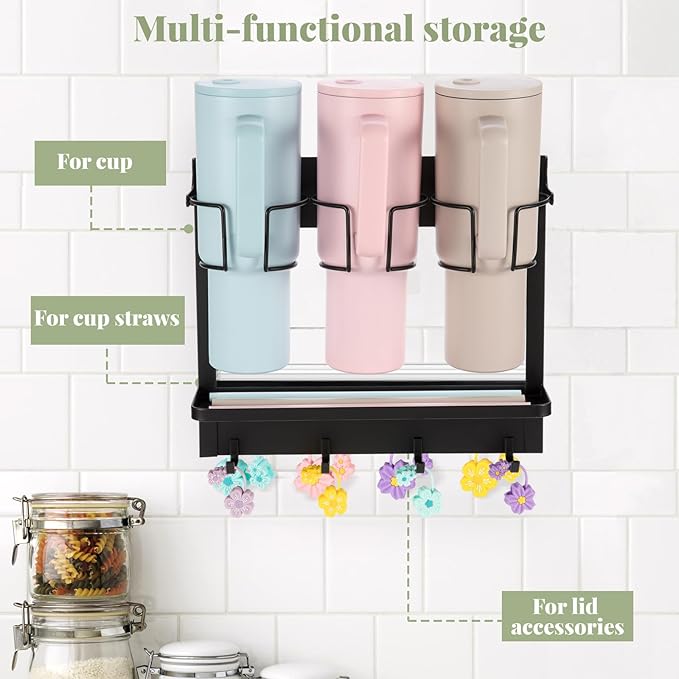 CINPIUK Water Bottle Organizer Holder, Magnetic Mug Hook Storage for Stanley & Large Tumbler, Space Saving Wall Mount Self-Adhesive Mug Organizer with 4 Hook, Easy to Install, Black-NeatNest