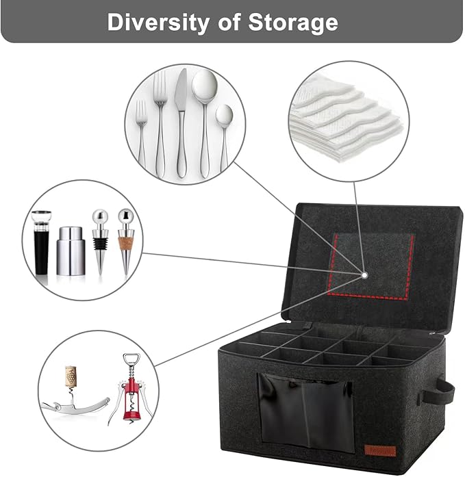 2 Pack Wine Glass Storage Box with Dividers, Stemware Storage Containers for Packing and Moving, China Storage Containers Box for 12 Crystal Glassware, Wine Glasses, Drinkware,Dark Gray-NeatNest