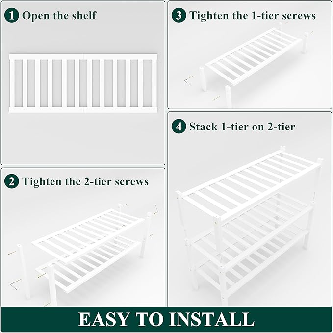 Smiry Shoe Rack, 3 Tier Small Bamboo Shoe Organizer, Stackable Free Standing Wooden Shoe Storage Shelf for Closet, Entryway, Front Door Entrance, White-NeatNest